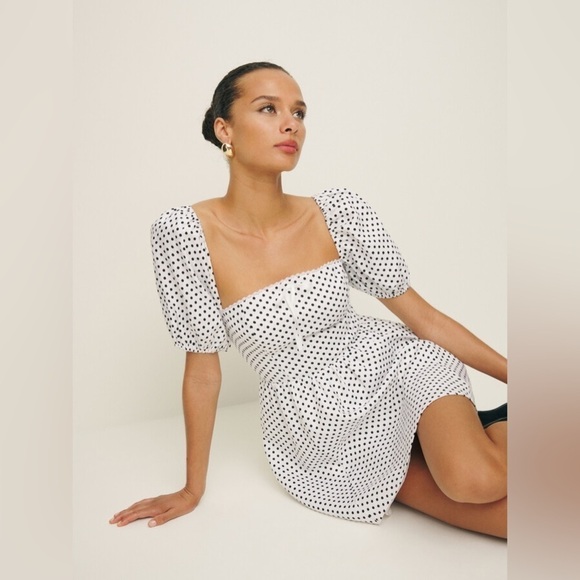 REFORMATION Malvina Linen Polka Dot Mini Dress - Picture 2 of 14